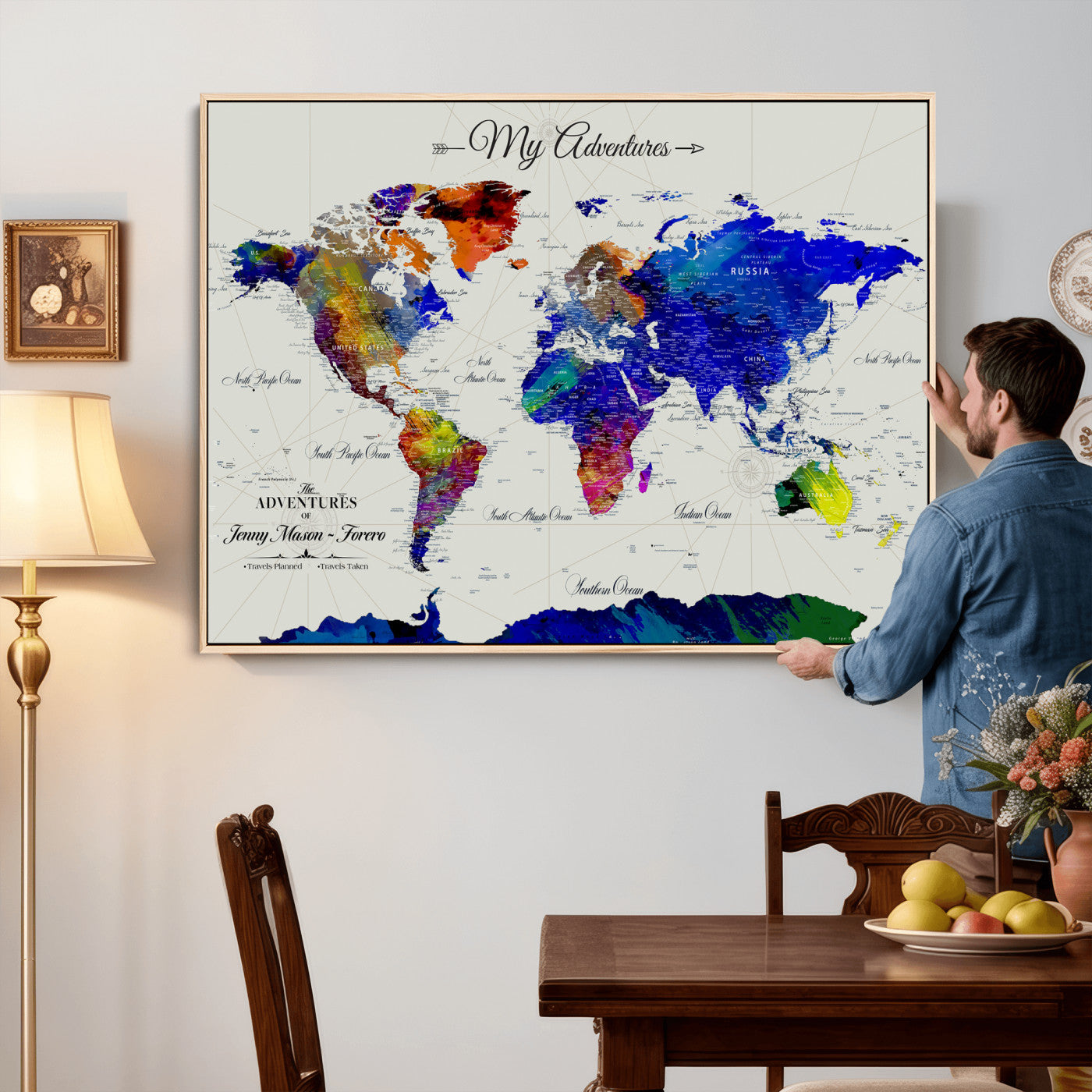 45423989-MGV-CV-36X24 - Custom Push Pin World Map Wall Art Canvas Print – Personalized Travel Tracker with Pins Framed Large for Home and Office Decor