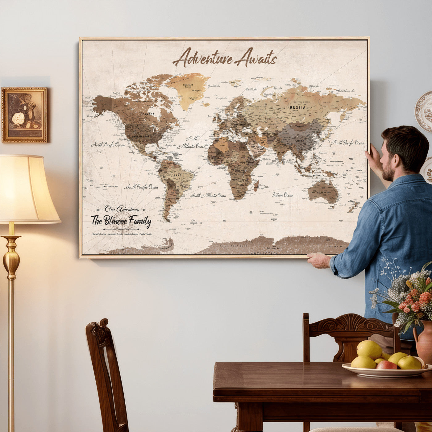 64110351-MGV-CV-36X24 - Custom Push Pin World Map Wall Art Canvas Print – Personalized Travel Tracker with Pins Framed Large for Home and Office Decor