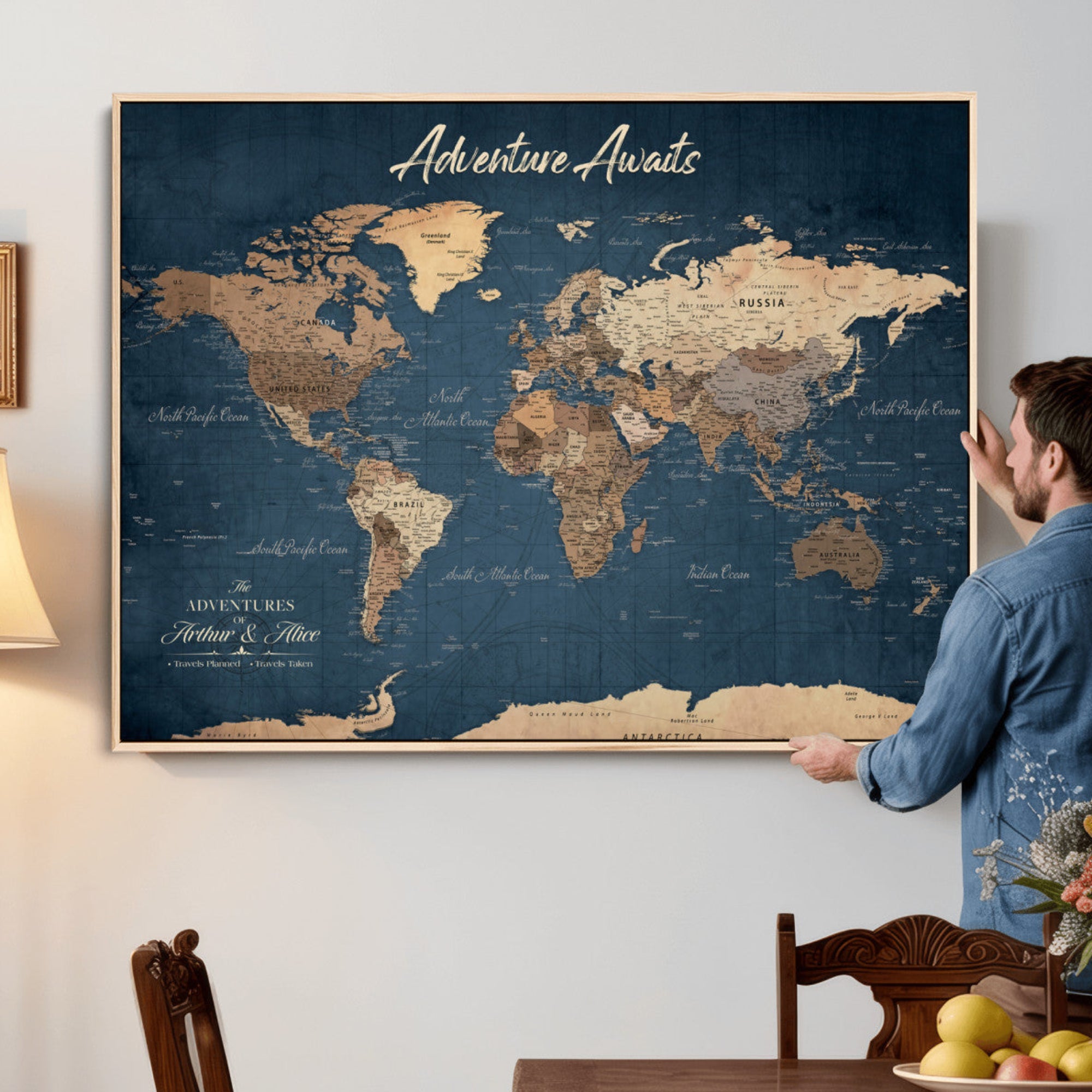 64110391-MGV-CV-36X24 - Custom Push Pin World Map Wall Art Canvas Print – Personalized Travel Tracker with Pins Framed Large for Home and Office Decor