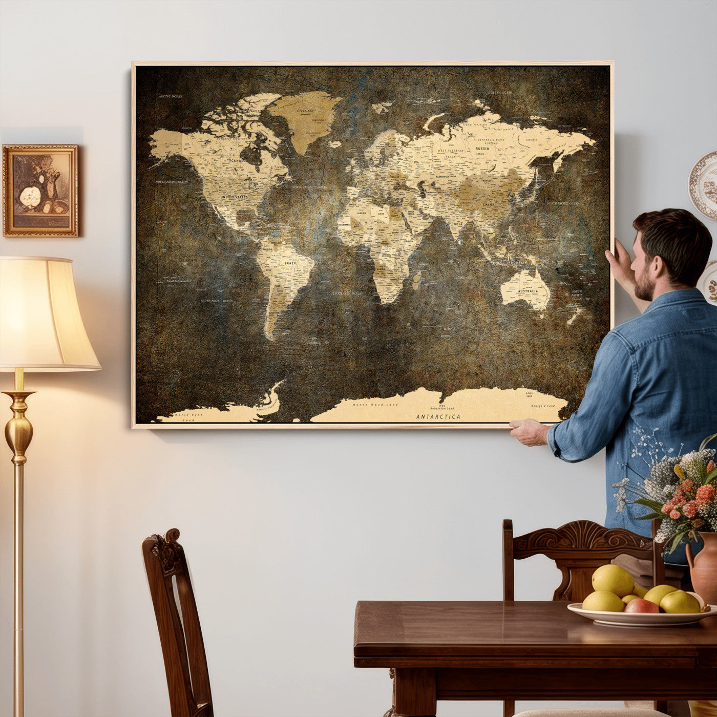 89742472-MGV-CV-36X24 - World Map Wall Art Canvas Print, Modern Decorative Framed Map Artwork Prints for Living Room, Office, Bedroom Wall Decor