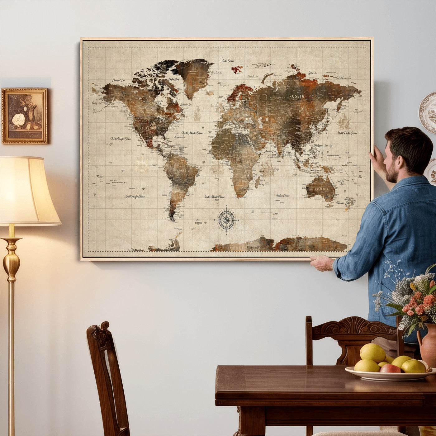 23610090-MGV-CV-36X24 - World Map Wall Art Canvas Print, Modern Decorative Framed Map Artwork Prints for Living Room, Office, Bedroom Wall Decor