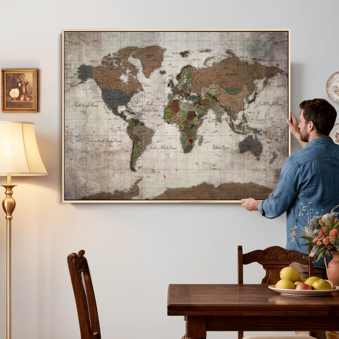 65393892-MGV-CV-36X24 - World Map Wall Art Canvas Print, Modern Decorative Framed Map Artwork Prints for Living Room, Office, Bedroom Wall Decor