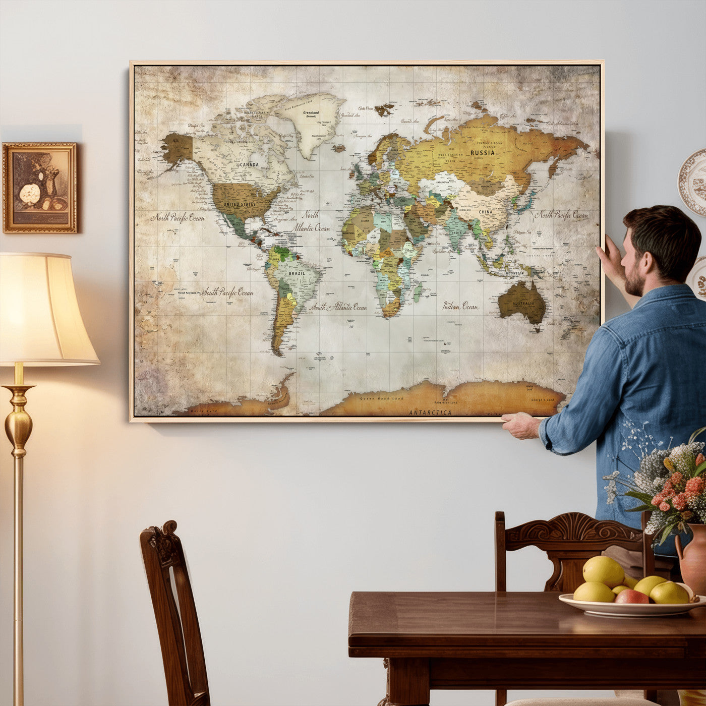 86108417-MGV-CV-36X24 - World Map Wall Art Canvas Print, Modern Decorative Framed Map Artwork Prints for Living Room, Office, Bedroom Wall Decor