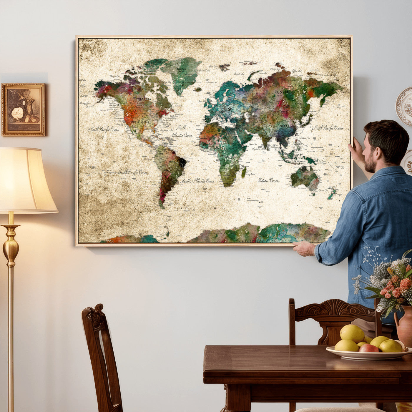 87544591-MGV-CV-36X24 - World Map Wall Art Canvas Print, Modern Decorative Framed Map Artwork Prints for Living Room, Office, Bedroom Wall Decor