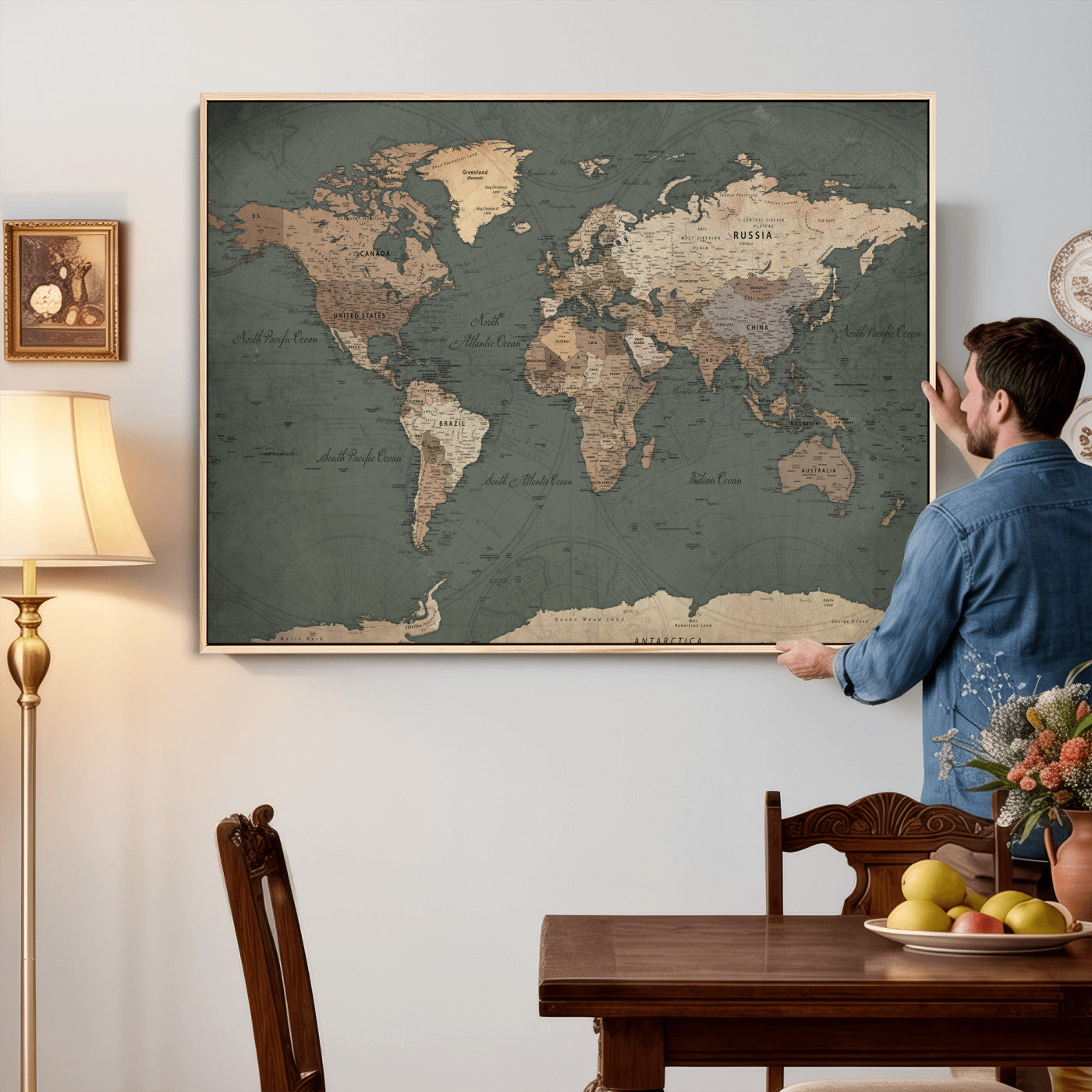 84619399-MGV-CV-36X24 - World Map Wall Art Canvas Print, Modern Decorative Framed Map Artwork Prints for Living Room, Office, Bedroom Wall Decor