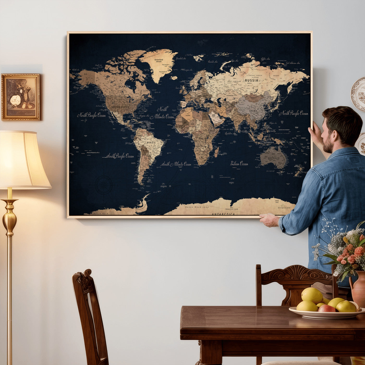 53971530-MGV-CV-36X24 - World Map Wall Art Canvas Print, Modern Decorative Framed Map Artwork Prints for Living Room, Office, Bedroom Wall Decor
