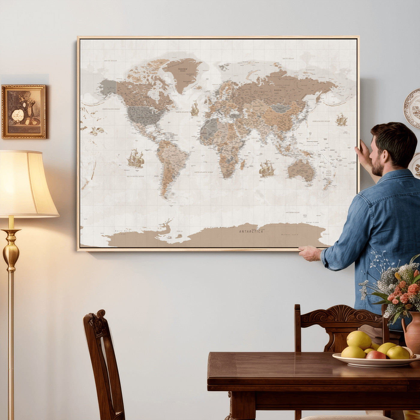 85057279-MGV-CV-36X24 - World Map Wall Art Canvas Print, Modern Decorative Framed Map Artwork Prints for Living Room, Office, Bedroom Wall Decor