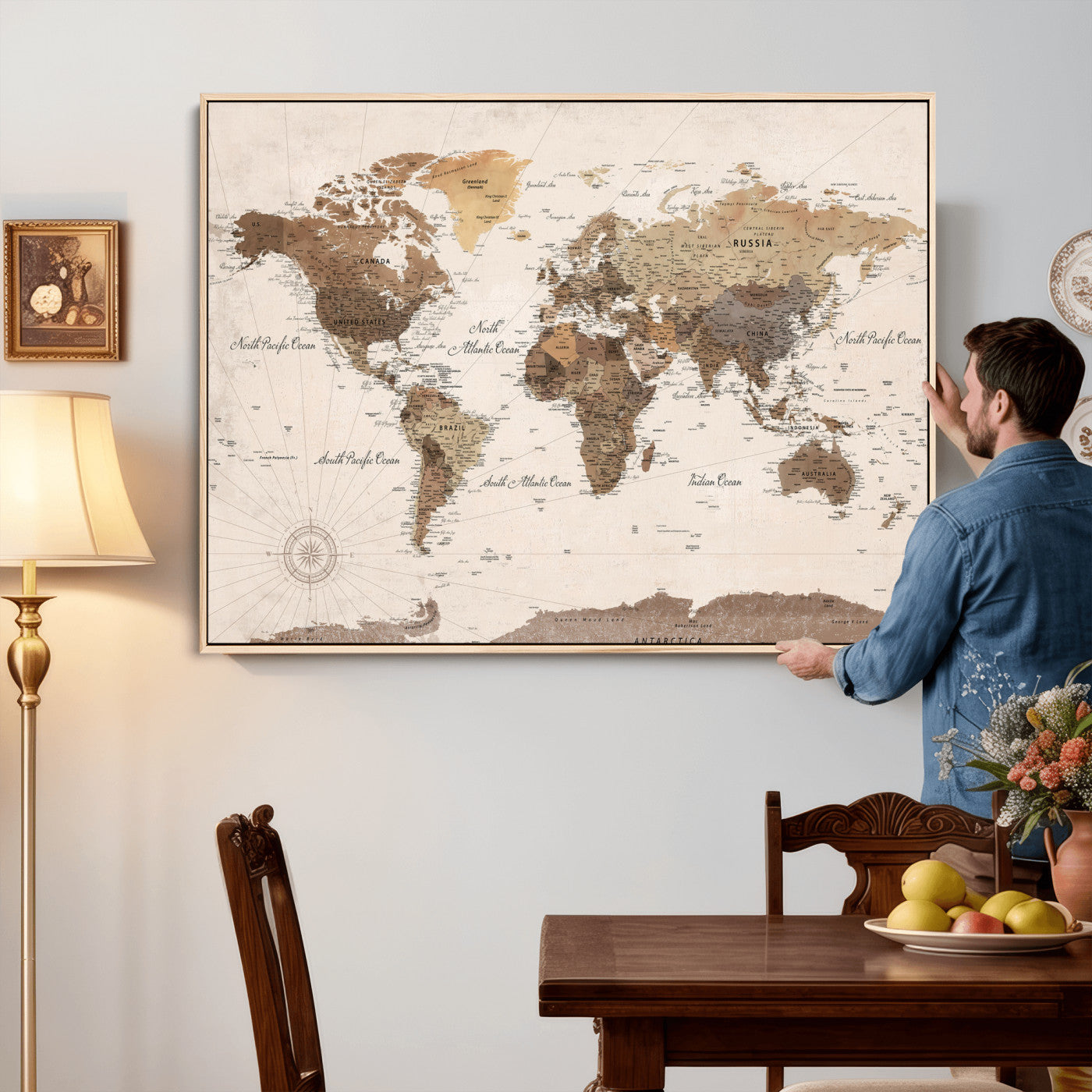 69860078-MGV-CV-36X24 - World Map Wall Art Canvas Print, Modern Decorative Framed Map Artwork Prints for Living Room, Office, Bedroom Wall Decor