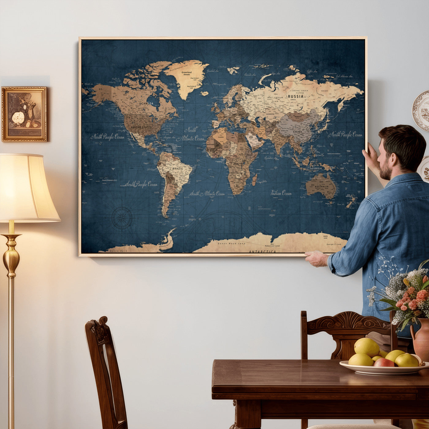69886352-MGV-CV-36X24 - World Map Wall Art Canvas Print, Modern Decorative Framed Map Artwork Prints for Living Room, Office, Bedroom Wall Decor