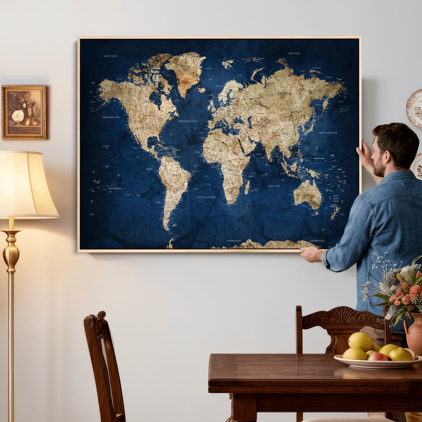 57503519-MGV-CV-36X24 - World Map Wall Art Canvas Print, Modern Decorative Framed Map Artwork Prints for Living Room, Office, Bedroom Wall Decor