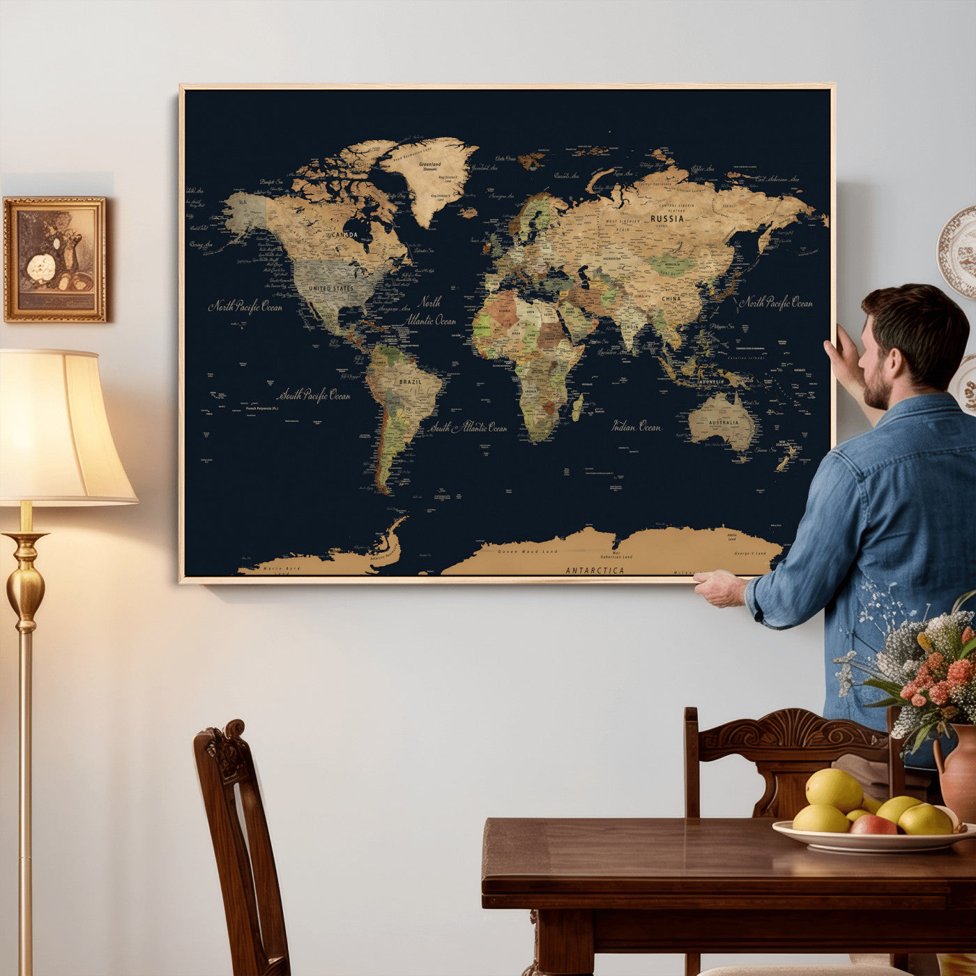 94449133-MGV-CV-36X24 - World Map Wall Art Canvas Print, Modern Decorative Framed Map Artwork Prints for Living Room, Office, Bedroom Wall Decor