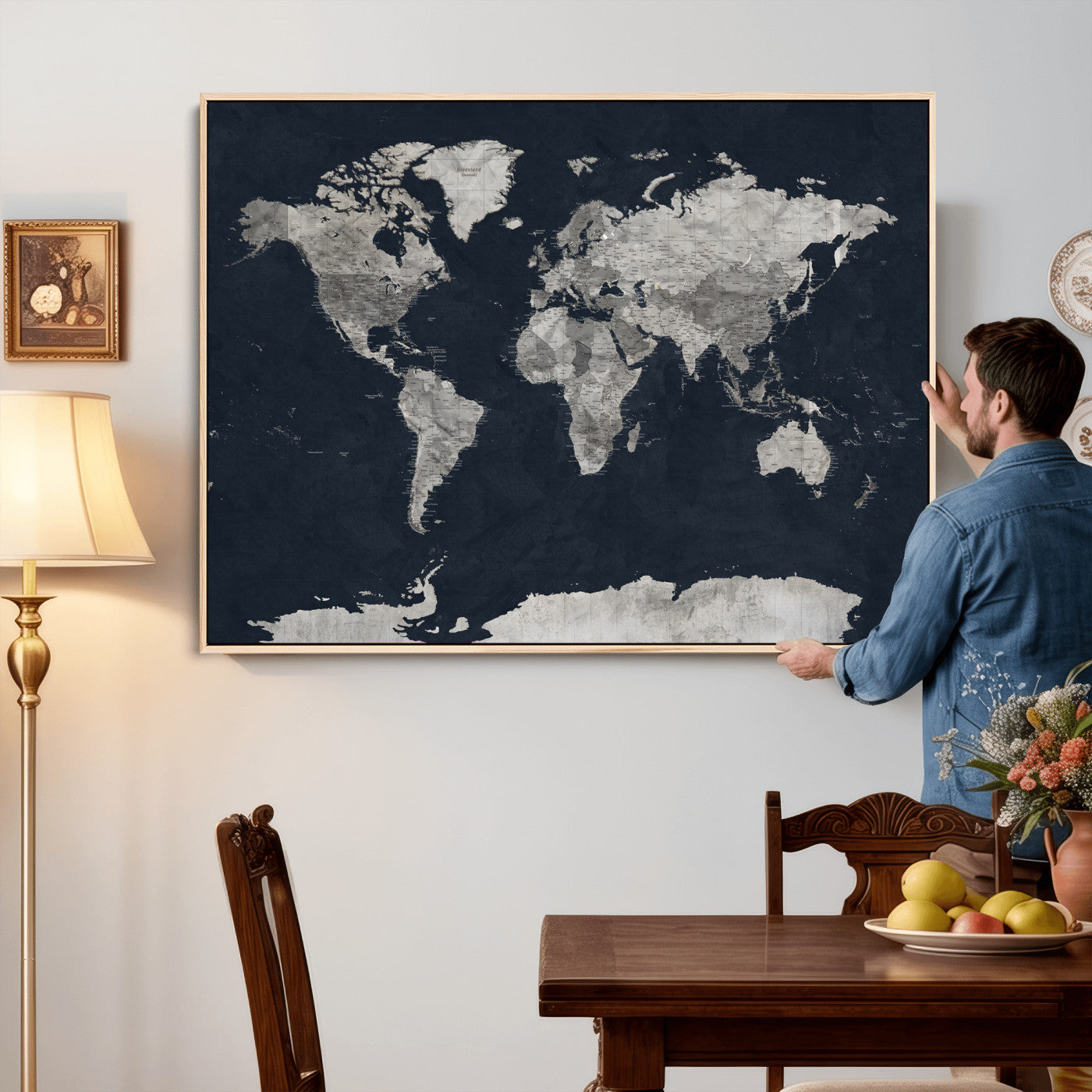 53886659-MGV-CV-36X24 - World Map Wall Art Canvas Print, Modern Decorative Framed Map Artwork Prints for Living Room, Office, Bedroom Wall Decor