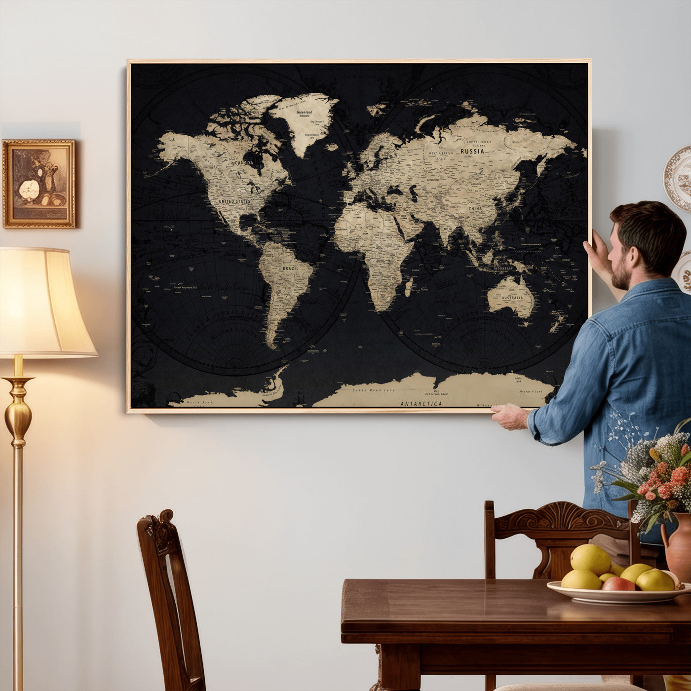 61835687-MGV-CV-36X24 - World Map Wall Art Canvas Print, Modern Decorative Framed Map Artwork Prints for Living Room, Office, Bedroom Wall Decor