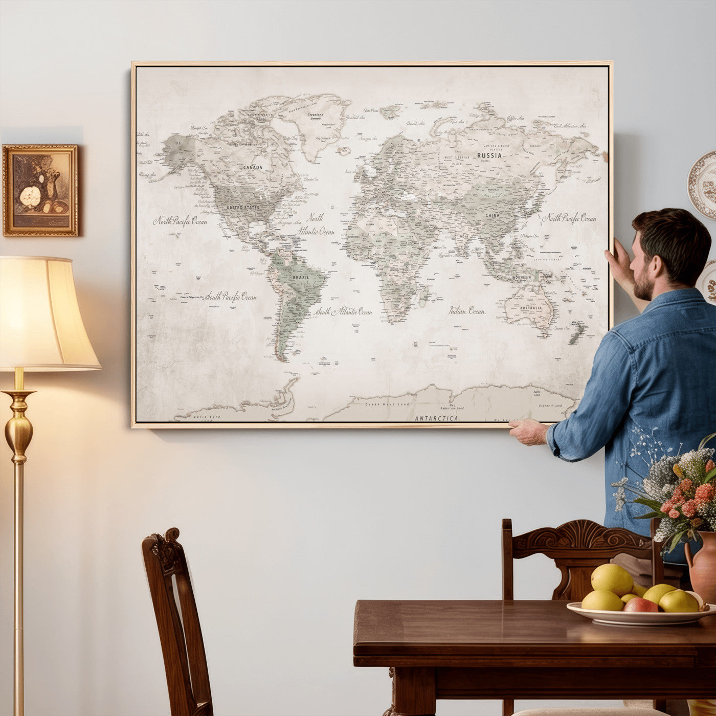 90355419-MGV-CV-36X24 - World Map Wall Art Canvas Print, Modern Decorative Framed Map Artwork Prints for Living Room, Office, Bedroom Wall Decor