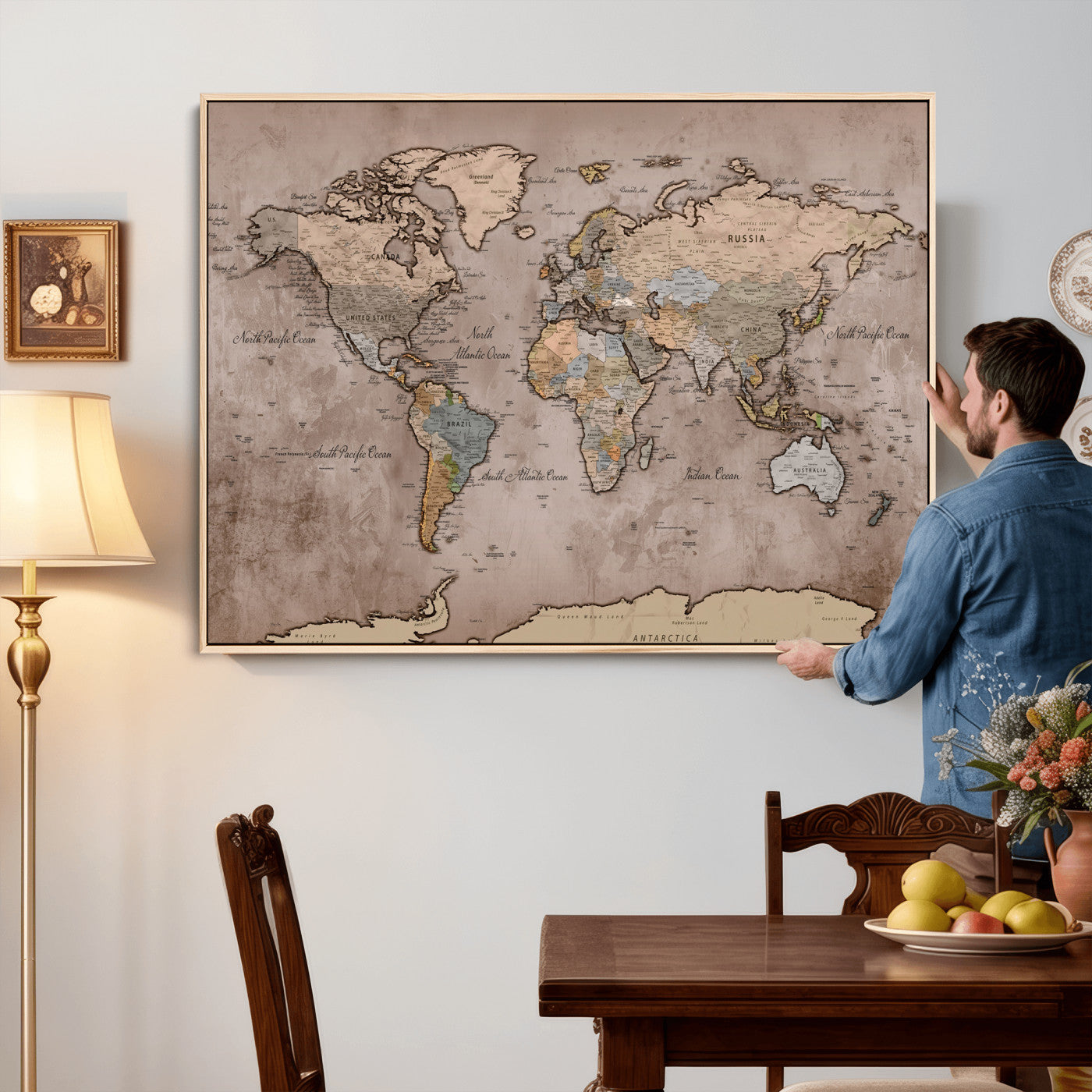 91471273-MGV-CV-36X24 - World Map Wall Art Canvas Print, Modern Decorative Framed Map Artwork Prints for Living Room, Office, Bedroom Wall Decor