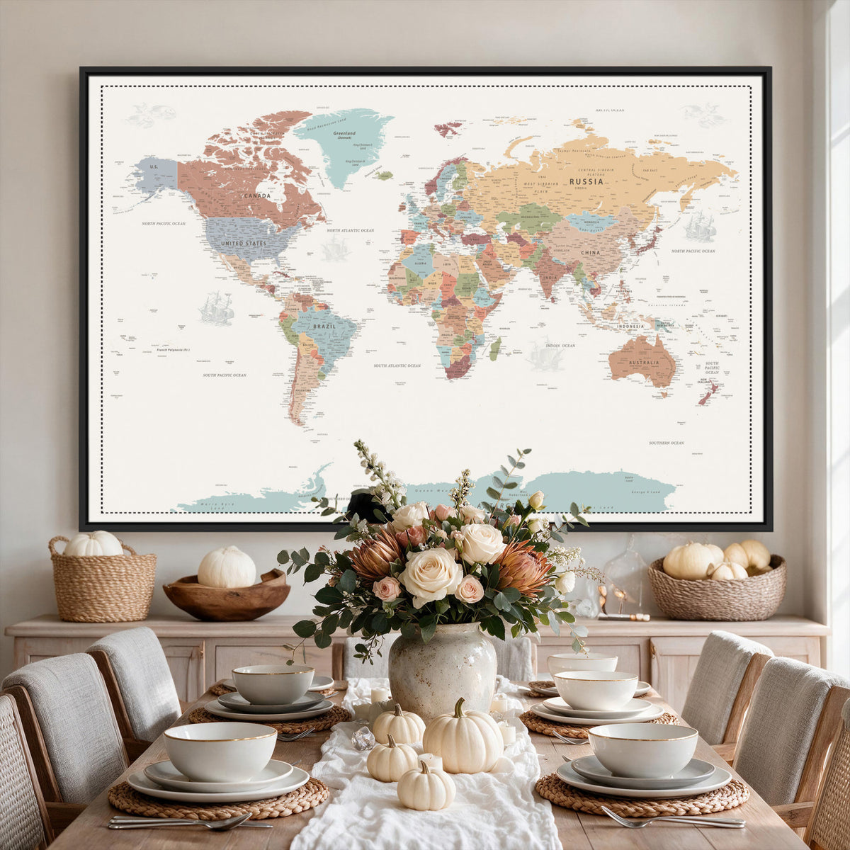 63447567-MGV-CV-36X24 - Pastel Colors World Map Wall Art Canvas Print