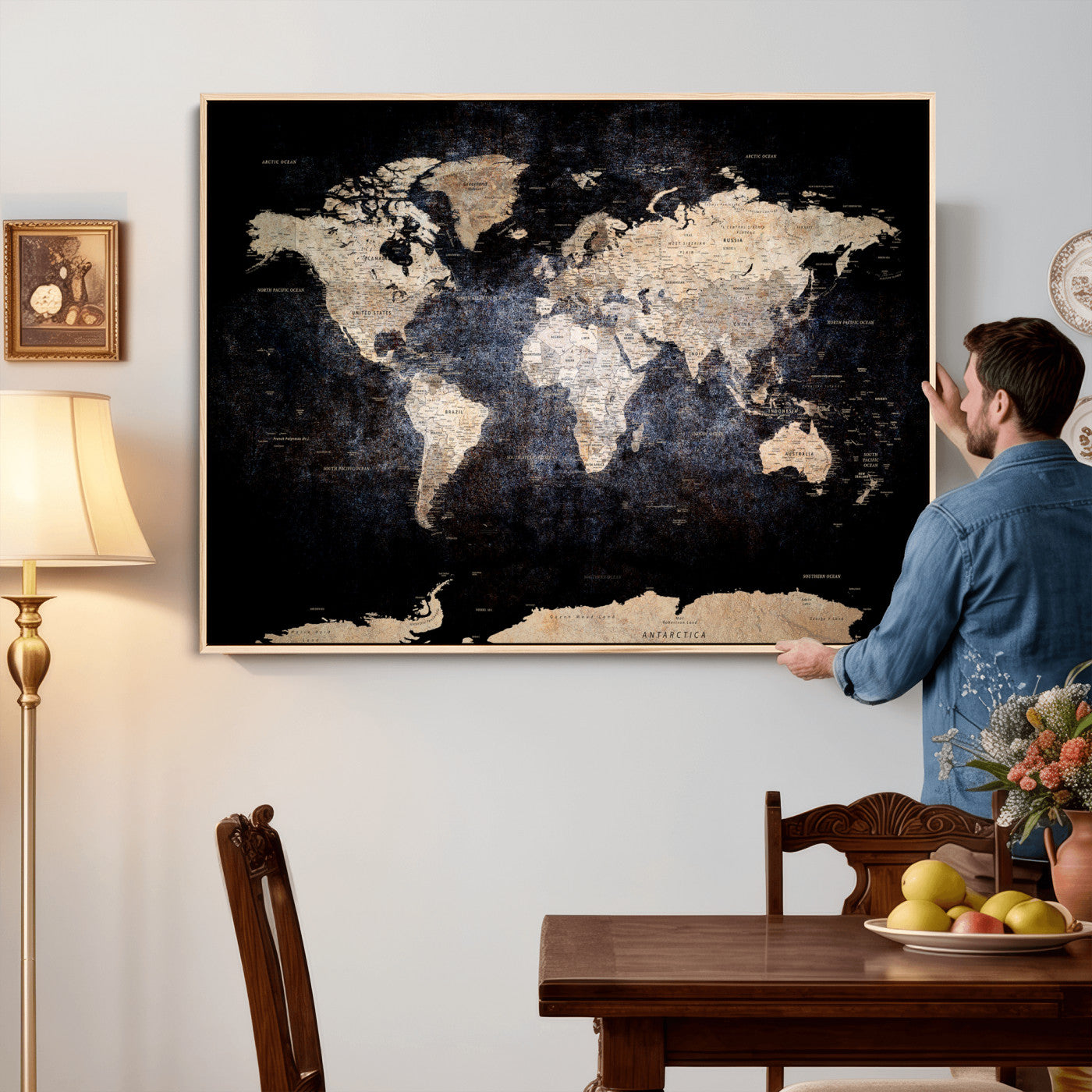 56713386-MGV-CV-36X24 - World Map Wall Art Canvas Print, Modern Decorative Framed Map Artwork Prints for Living Room, Office, Bedroom Wall Decor