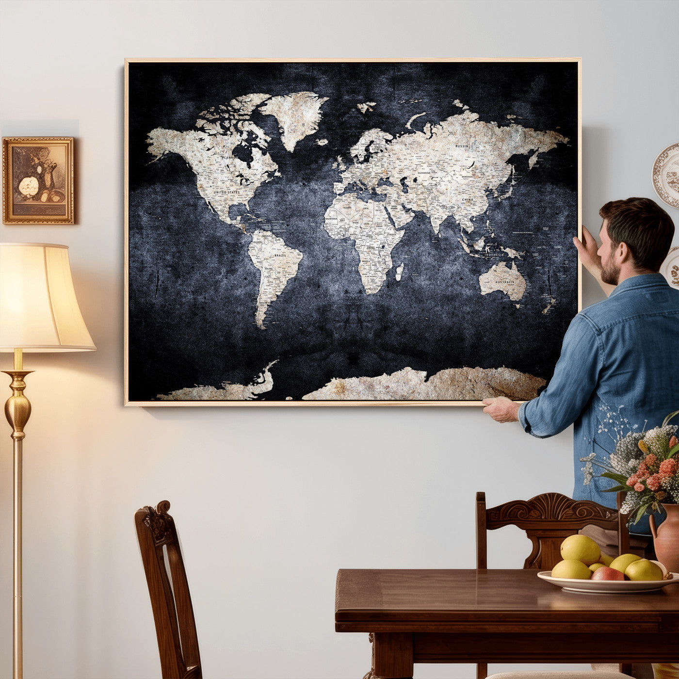41193404-MGV-CV-36X24 - World Map Wall Art Canvas Print, Modern Decorative Framed Map Artwork Prints for Living Room, Office, Bedroom Wall Decor