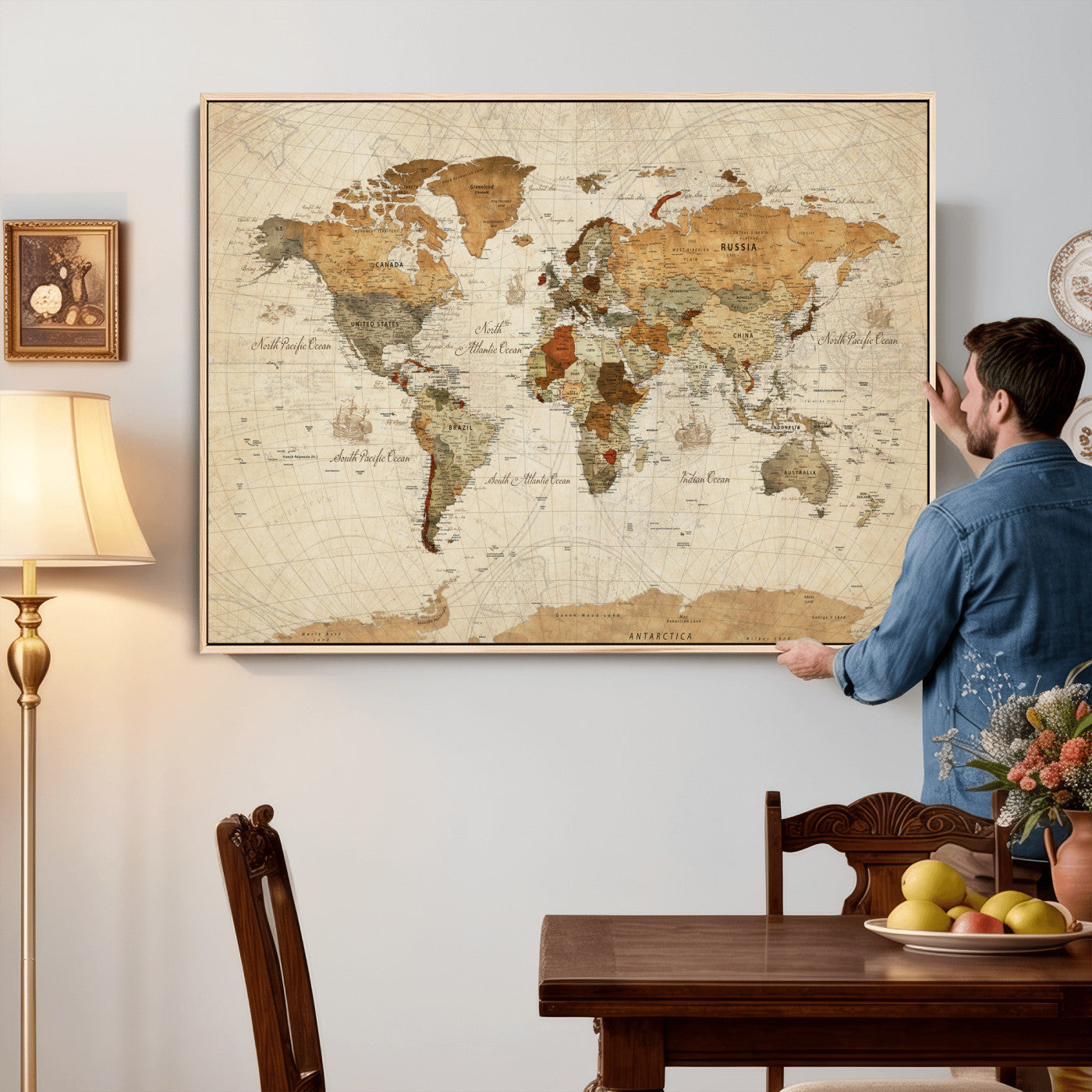 29684537-MGV-CV-36X24 - World Map Wall Art Canvas Print, Modern Decorative Framed Map Artwork Prints for Living Room, Office, Bedroom Wall Decor