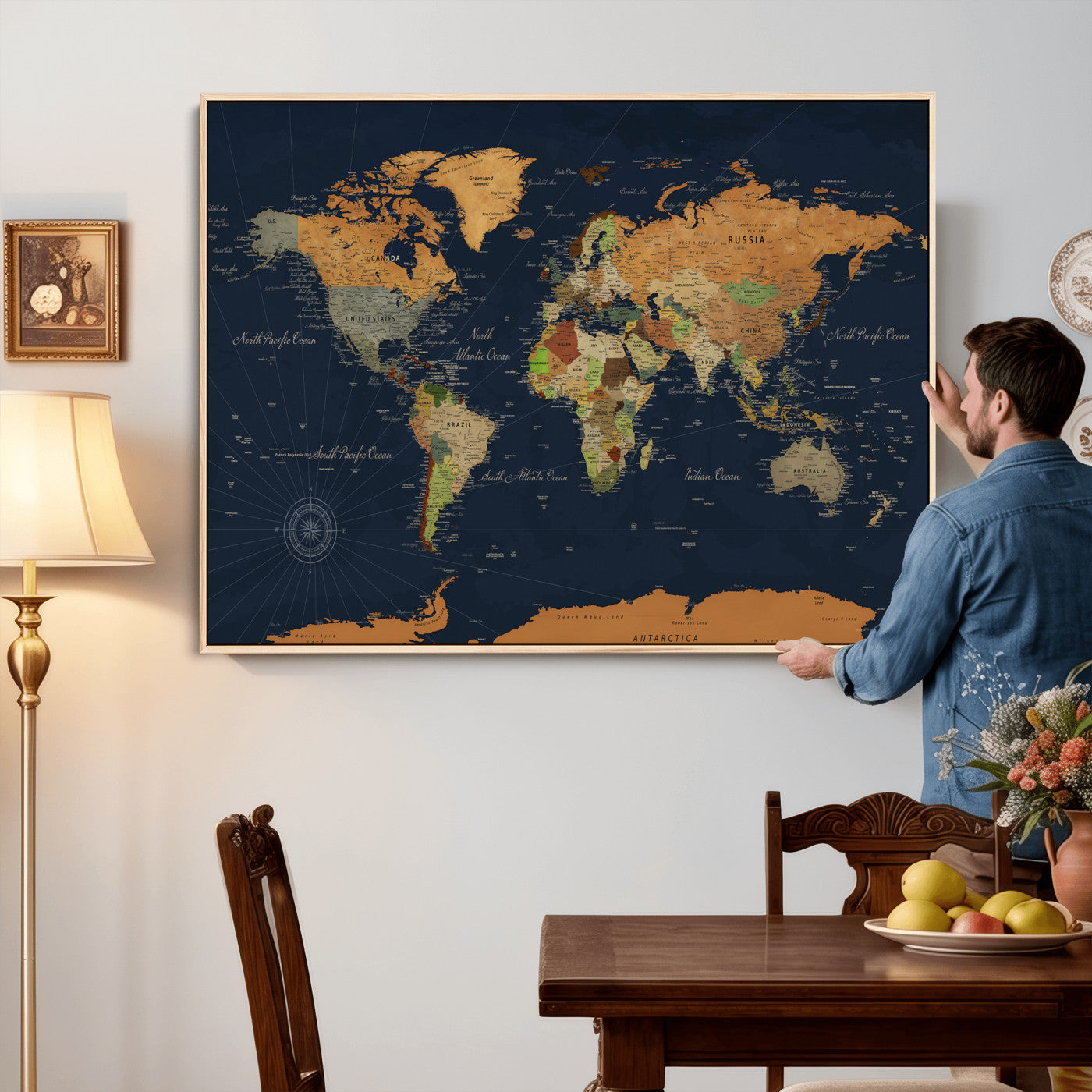 11715182-MGV-CV-36X24 - World Map Wall Art Canvas Print, Modern Decorative Framed Map Artwork Prints for Living Room, Office, Bedroom Wall Decor