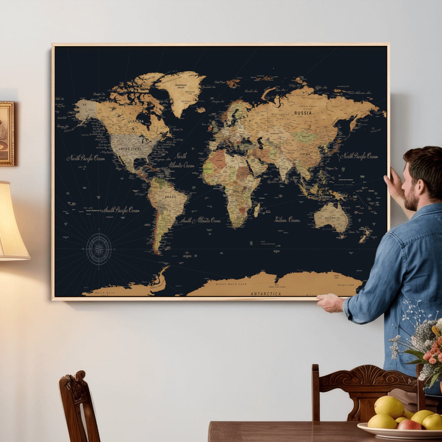 87280374-MGV-CV-36X24 - World Map Wall Art Canvas Print, Modern Decorative Framed Map Artwork Prints for Living Room, Office, Bedroom Wall Decor