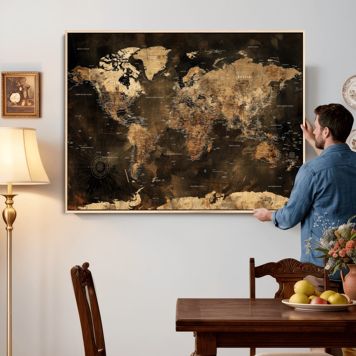 97742922-MGV-CV-36X24 - World Map Wall Art Canvas Print, Modern Decorative Framed Map Artwork Prints for Living Room, Office, Bedroom Wall Decor