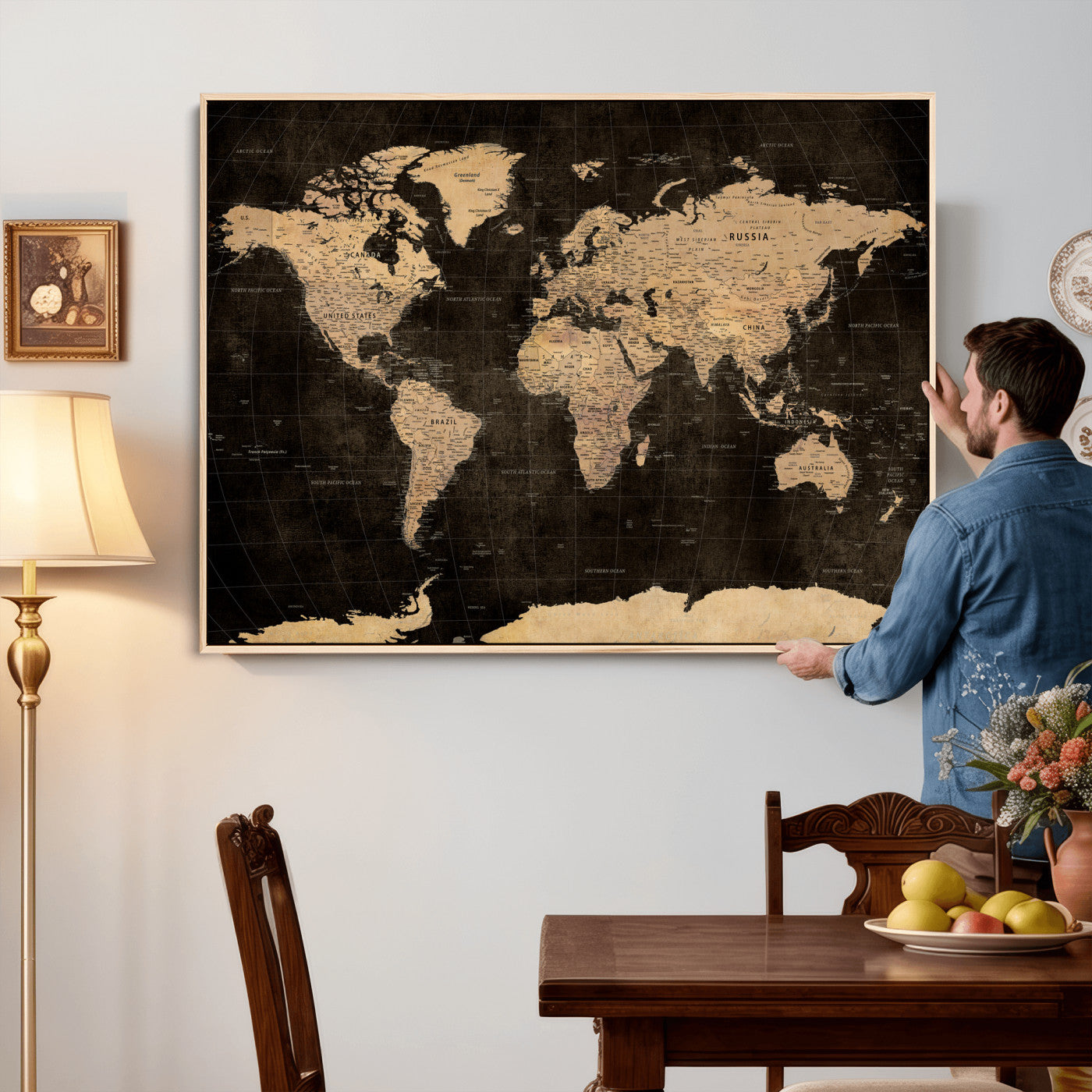 17790470-MGV-CV-36X24 - World Map Wall Art Canvas Print, Modern Decorative Framed Map Artwork Prints for Living Room, Office, Bedroom Wall Decor