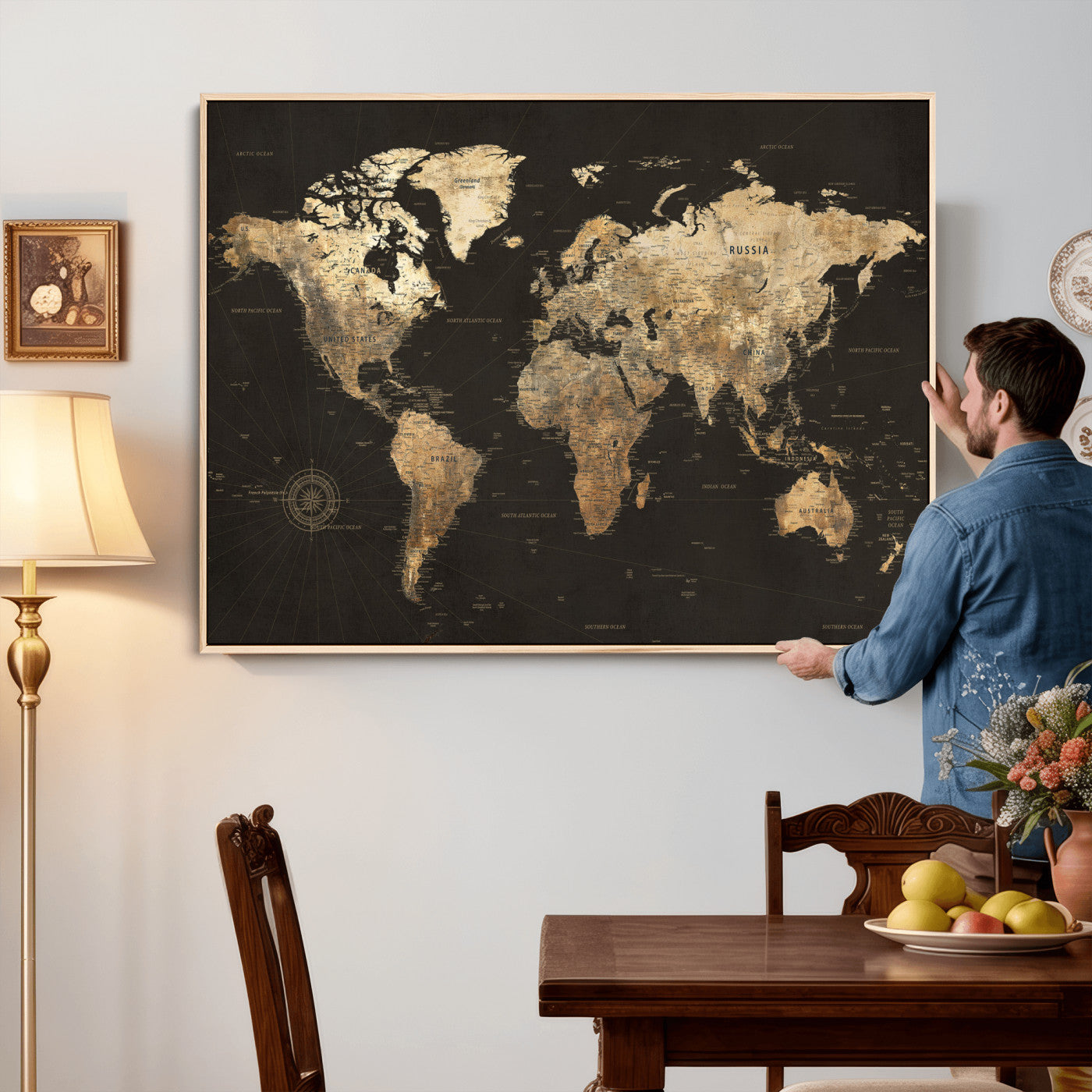 70985630-MGV-CV-36X24 - World Map Wall Art Canvas Print, Modern Decorative Framed Map Artwork Prints for Living Room, Office, Bedroom Wall Decor