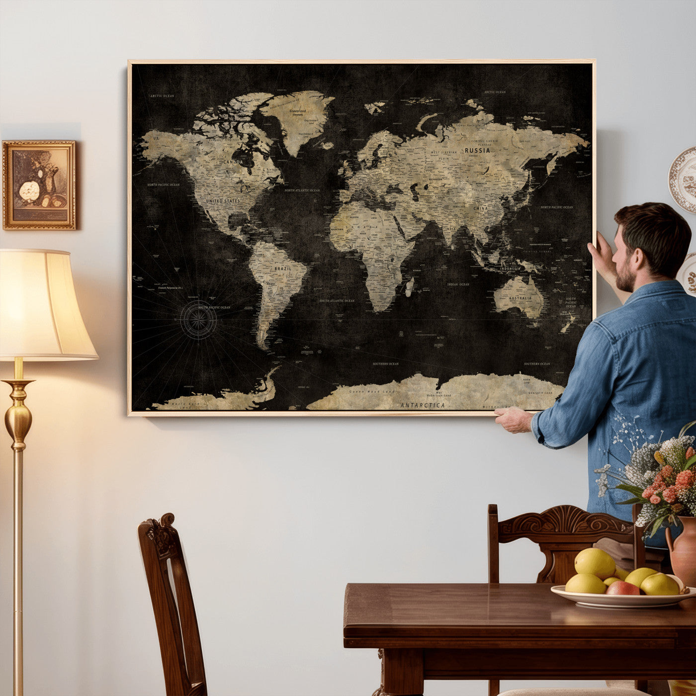 60653880-MGV-CV-36X24 - World Map Wall Art Canvas Print, Modern Decorative Framed Map Artwork Prints for Living Room, Office, Bedroom Wall Decor
