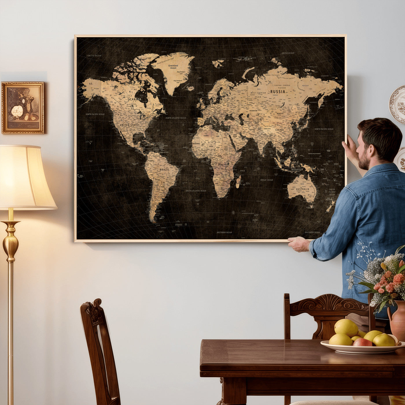 15118265-MGV-CV-36X24 - World Map Wall Art Canvas Print, Modern Decorative Framed Map Artwork Prints for Living Room, Office, Bedroom Wall Decor