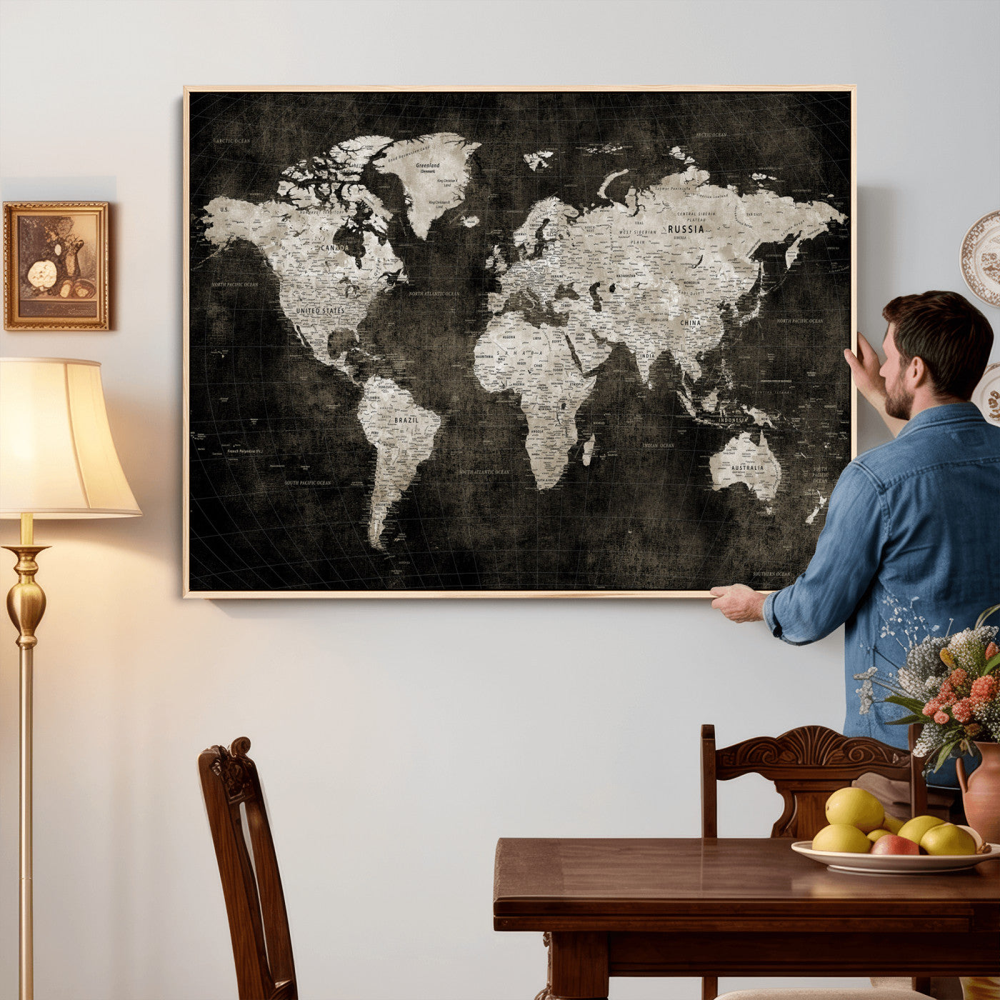 94581666-MGV-CV-36X24 - World Map Wall Art Canvas Print, Modern Decorative Framed Map Artwork Prints for Living Room, Office, Bedroom Wall Decor
