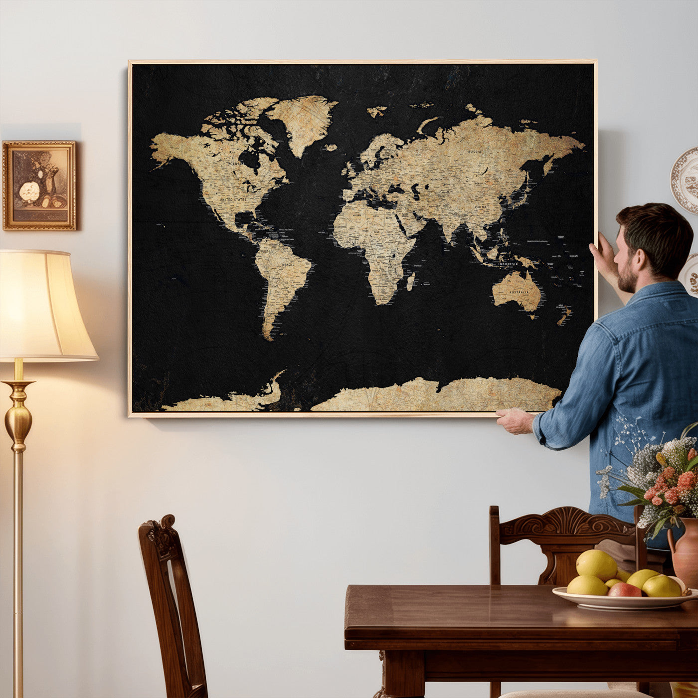 71518849-MGV-CV-36X24 - World Map Wall Art Canvas Print, Modern Decorative Framed Map Artwork Prints for Living Room, Office, Bedroom Wall Decor