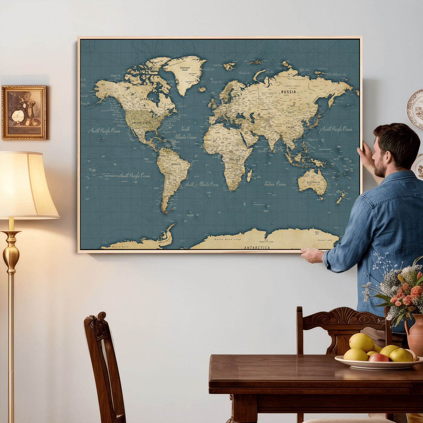 99599383-MGV-CV-36X24 - World Map Wall Art Canvas Print, Modern Decorative Framed Map Artwork Prints for Living Room, Office, Bedroom Wall Decor