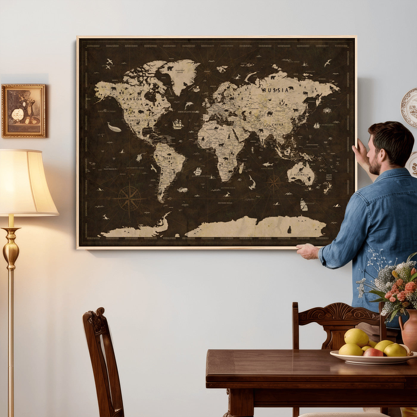 44276398-MGV-CV-36X24 - World Map Wall Art Canvas Print, Modern Decorative Framed Map Artwork Prints for Living Room, Office, Bedroom Wall Decor