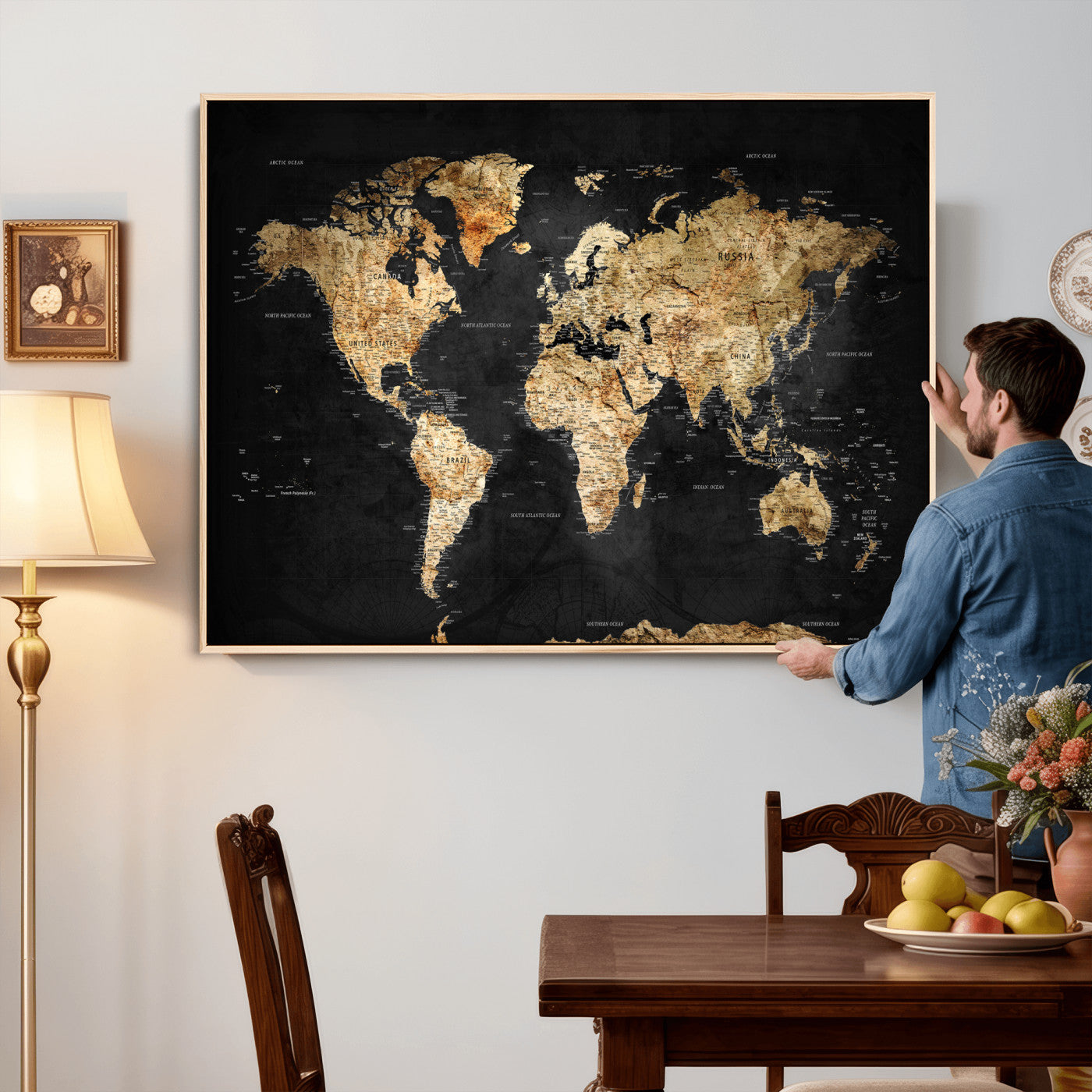 23568589-MGV-CV-36X24 - World Map Wall Art Canvas Print, Modern Decorative Framed Map Artwork Prints for Living Room, Office, Bedroom Wall Decor