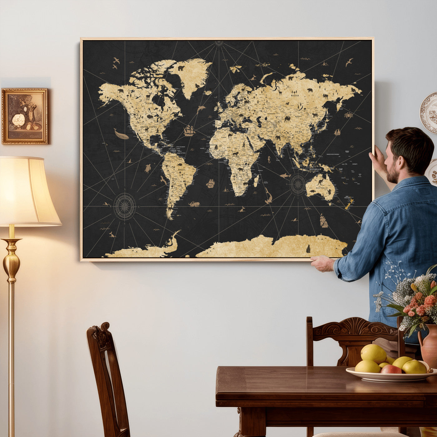 80270976-MGV-CV-36X24 - World Map Wall Art Canvas Print, Modern Decorative Framed Map Artwork Prints for Living Room, Office, Bedroom Wall Decor