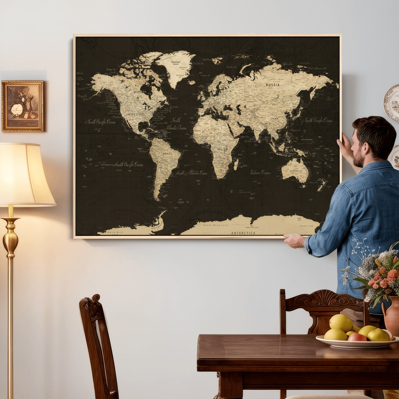 89024244-MGV-CV-36X24 - World Map Wall Art Canvas Print, Modern Decorative Framed Map Artwork Prints for Living Room, Office, Bedroom Wall Decor