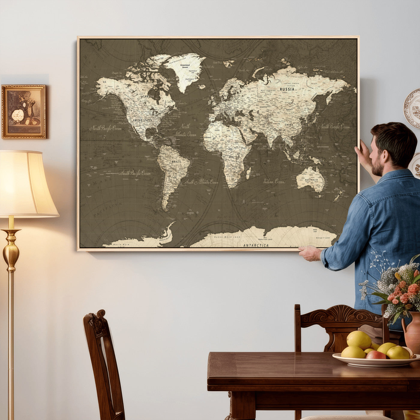 33202610-MGV-CV-36X24 - World Map Wall Art Canvas Print, Modern Decorative Framed Map Artwork Prints for Living Room, Office, Bedroom Wall Decor
