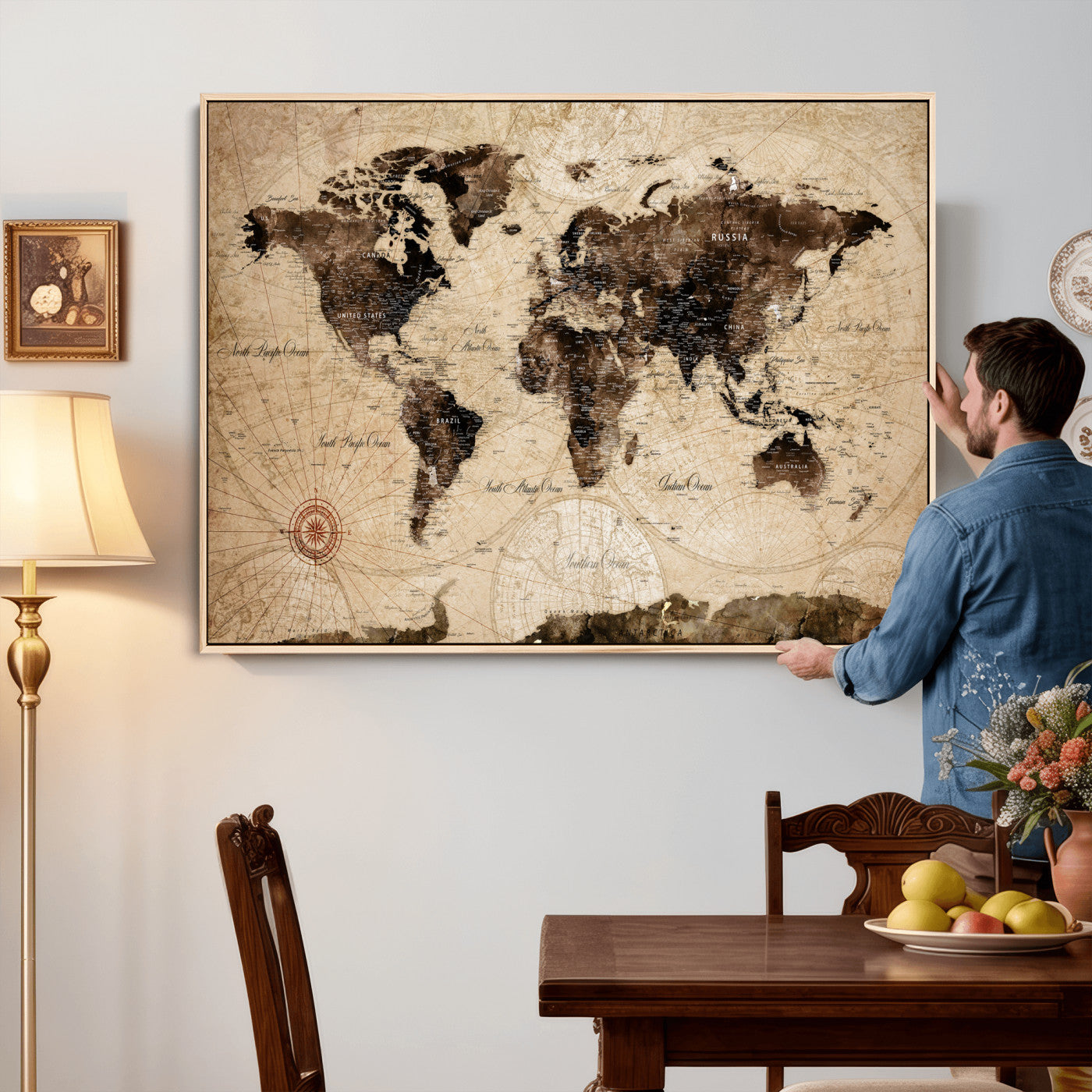 47657418-MGV-CV-36X24 - World Map Wall Art Canvas Print, Modern Decorative Framed Map Artwork Prints for Living Room, Office, Bedroom Wall Decor
