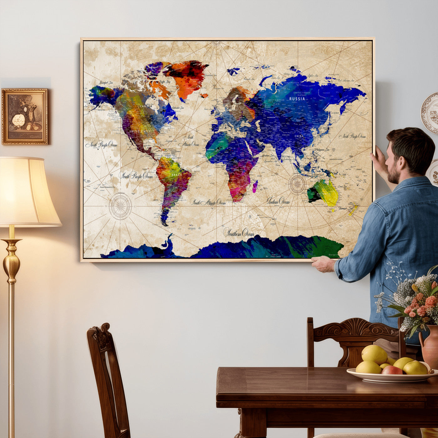 26284075-MGV-CV-36X24 - World Map Wall Art Canvas Print, Modern Decorative Framed Map Artwork Prints for Living Room, Office, Bedroom Wall Decor