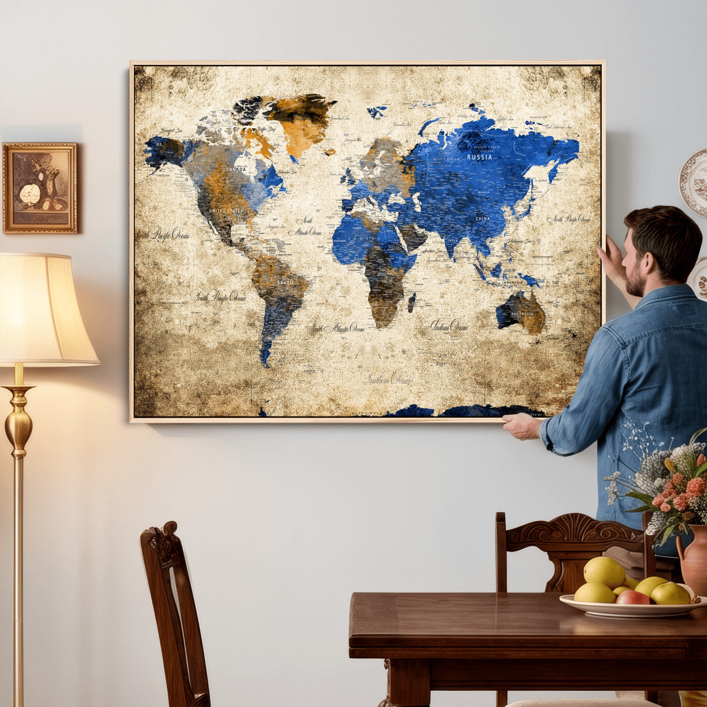 27314341-MGV-CV-36X24 - World Map Wall Art Canvas Print, Modern Decorative Framed Map Artwork Prints for Living Room, Office, Bedroom Wall Decor