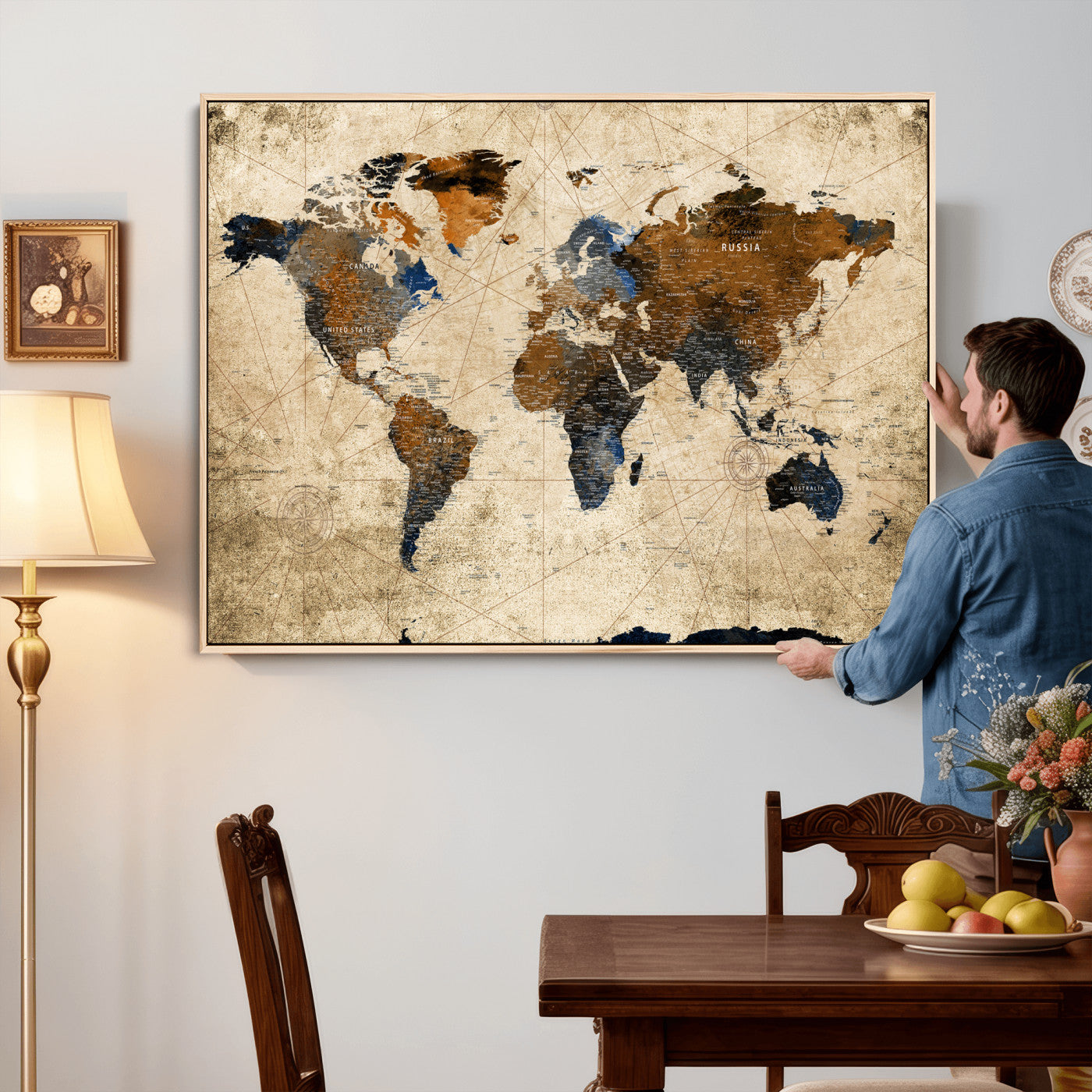 27163414-MGV-CV-36X24 - World Map Wall Art – Rustic Earth Tone Canvas Print, Antique Travel Map Design for Living Room, Office or Study, Classic Adventure Decor