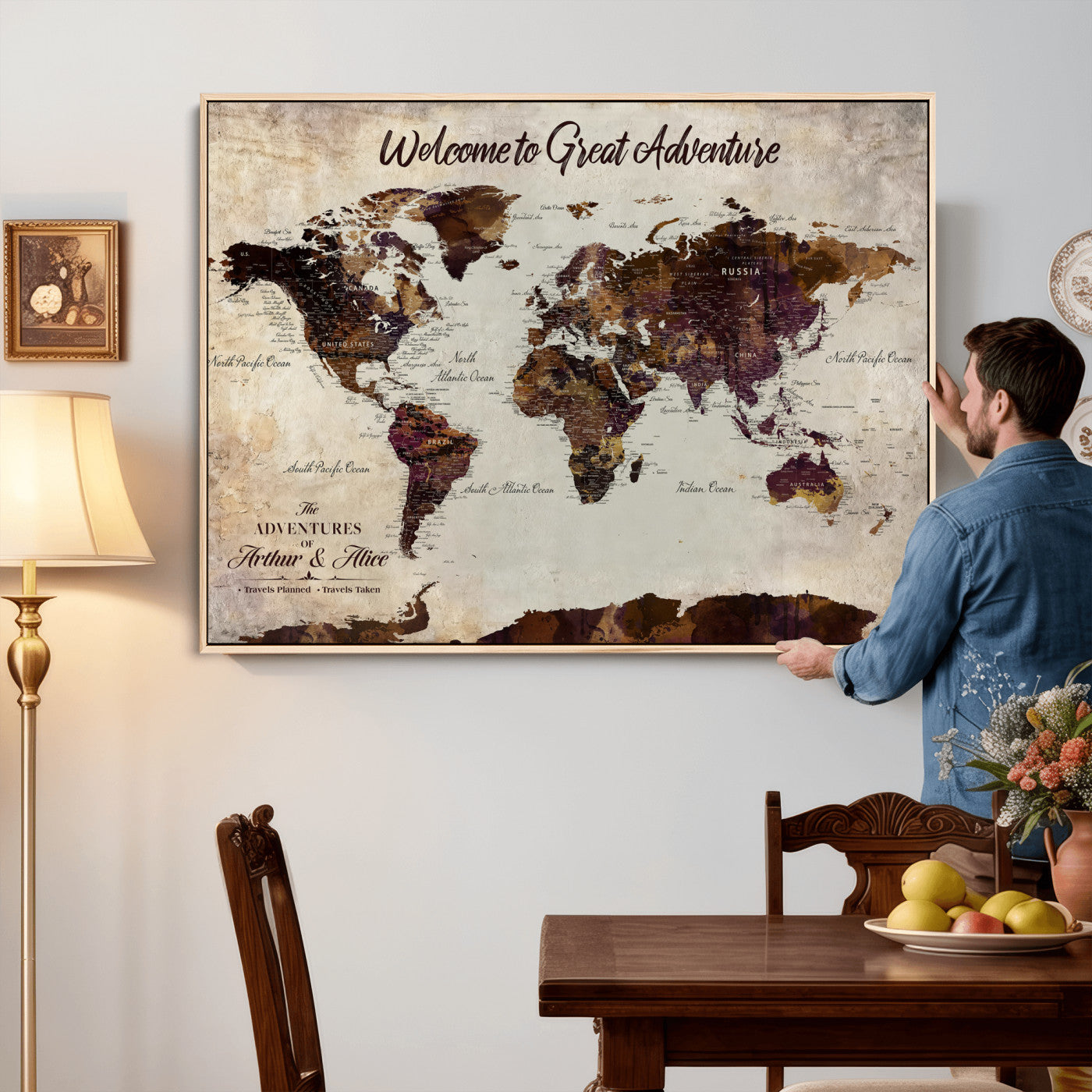 64110391126-MGV-CV-36X24-Custom Push Pin World Map Wall Art Canvas Print – Personalized Travel Tracker with Pins Framed Large for Home and Office Decor