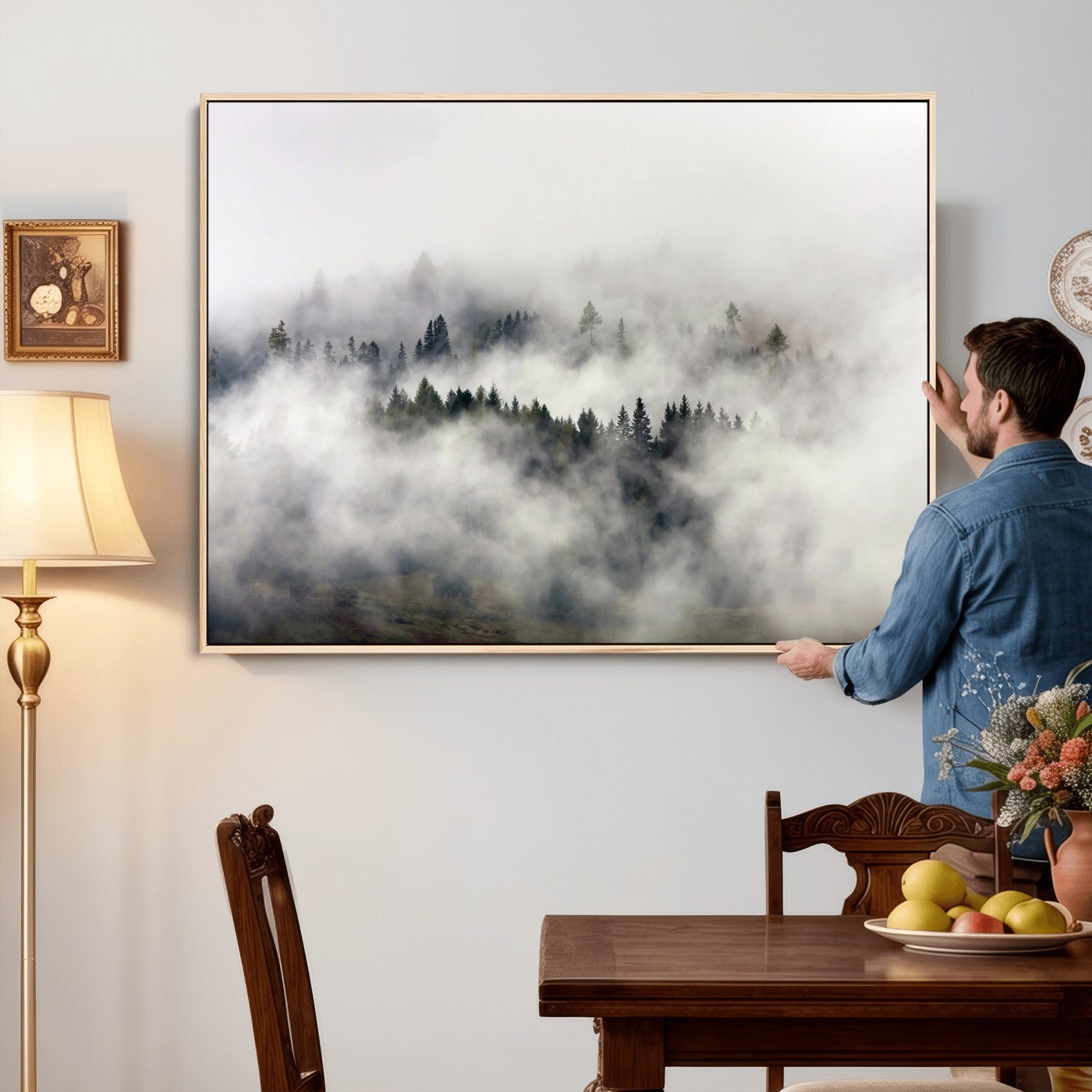 63235457-MGV-CV-36X24 - Foggy Forest Wall Art Canvas Print, Misty Pine Tree Landscape Wall Art Print, Framed Wall Art Ready to Hang