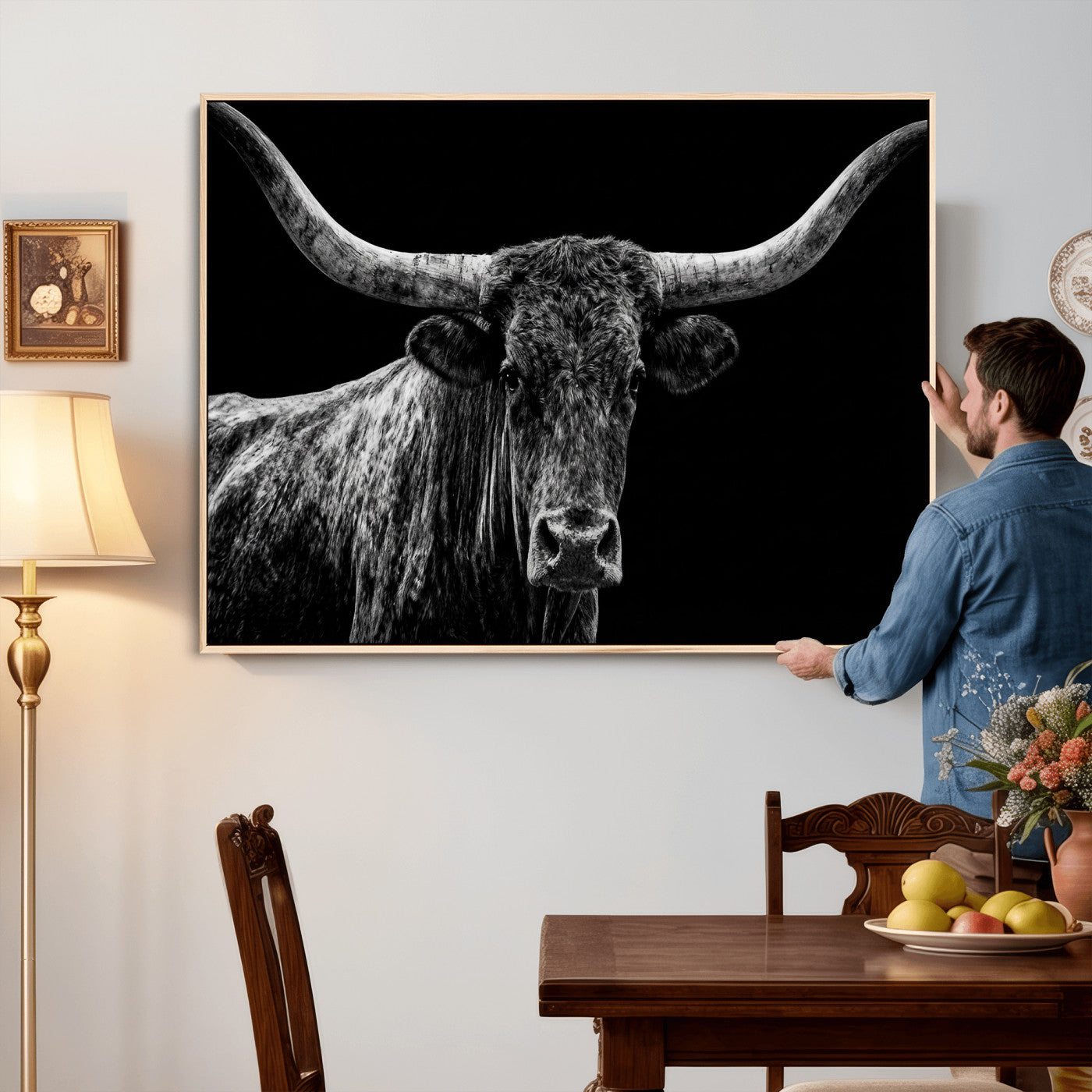 86568508-MGV-CV-36X24 - Vintage Texas Longhorn Bull Wall Art Canvas Print, Texas Cow Portrait Print, Framed Bull Wall Art Ready to Hang