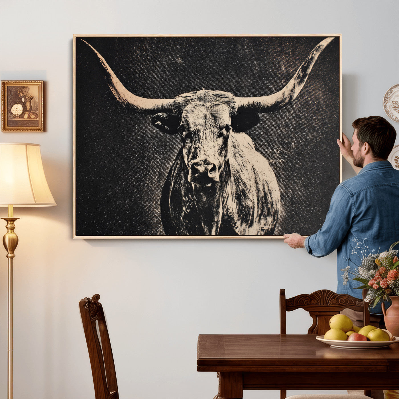 27394218-MGV-CV-36X24 - Vintage Texas Longhorn Bull Wall Art Canvas Print, Cow Portrait Photography Print, Framed Wall Art Ready to Hang