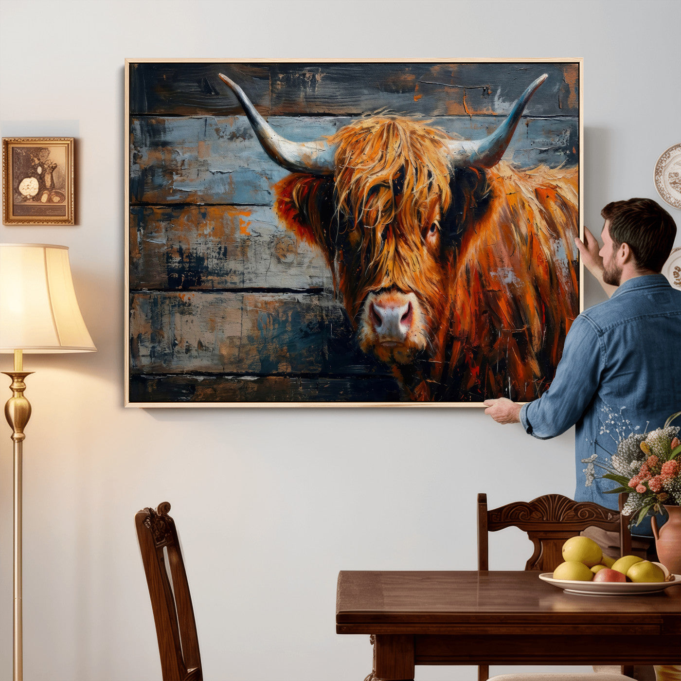 90271423-MGV-CV-36X24 - Highland Cow Wall Art Canvas Print, Abstract Rustic Farm Animal Wall Art Print, Framed Wall Art Ready to Hang