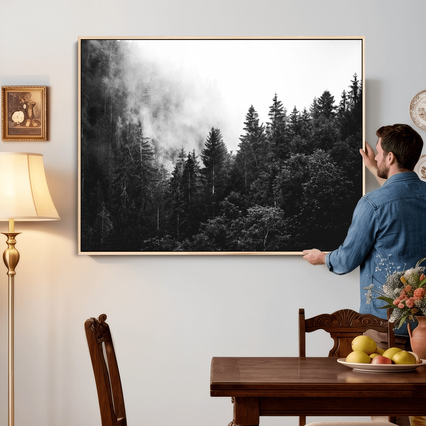 98764151-MGV-CV-36X24 - Black and White Forest Wall Art Canvas Print, Misty Pine Tree Landscape Photography, Framed Wall Art Ready to Hang