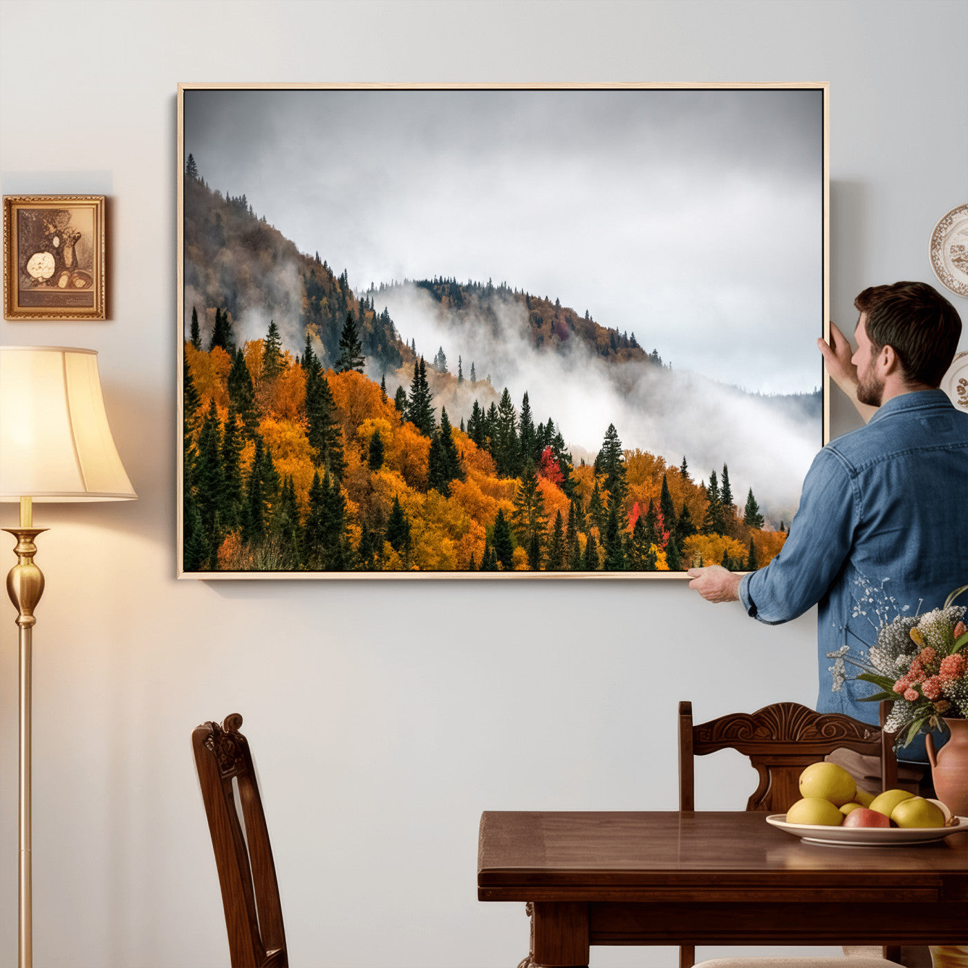 93581632-MGV-CV-36X24 - Autumn Forest Wall Art Canvas Print, Foggy Mountain Landscape Nature Photography, Framed Wall Art Ready to Hang