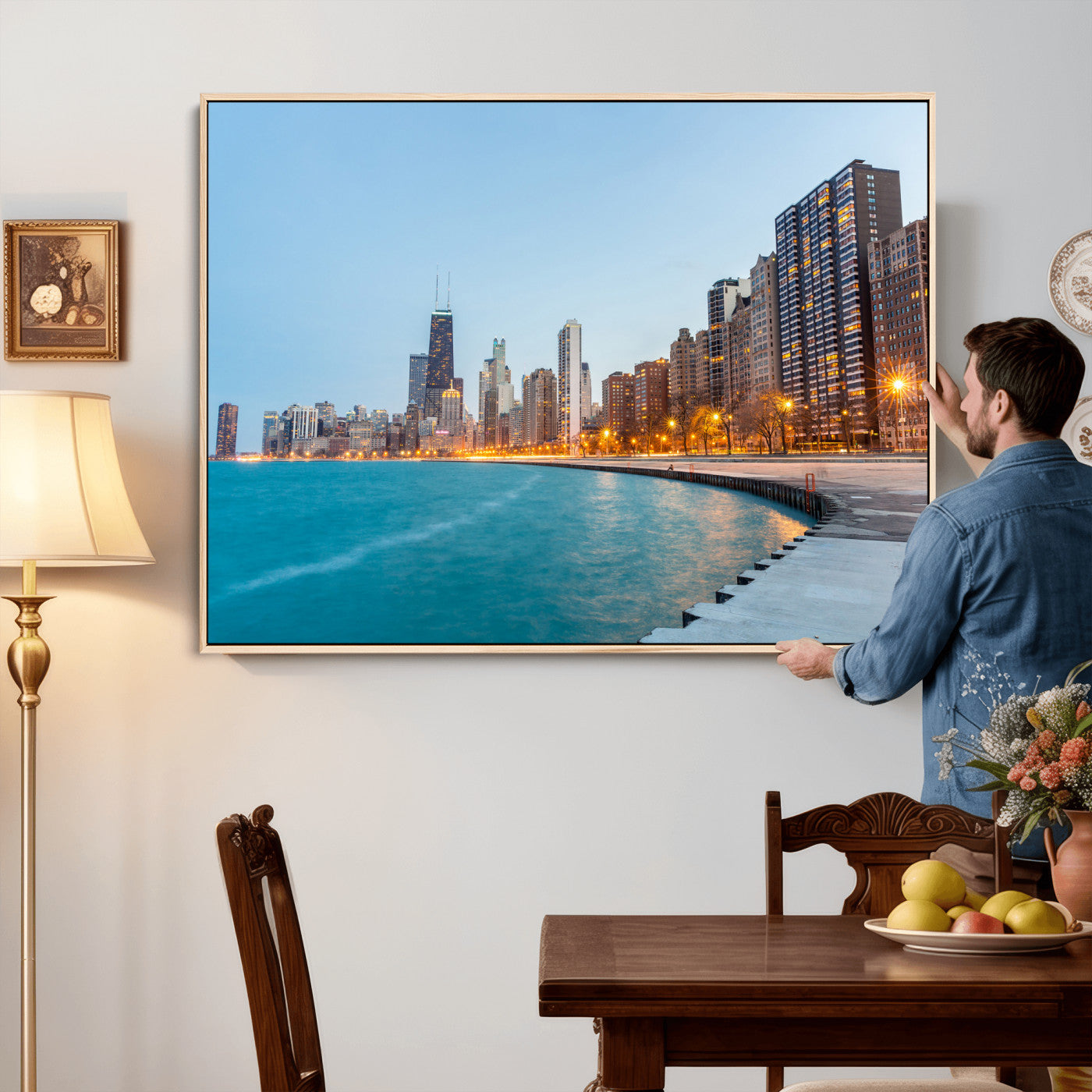 66780141-MGV-CV-36X24 - Chicago Wall Art Canvas Print, Chicago City Downtown Night Cityscape Print for Modern Urban Wall Decor